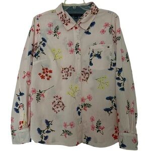 TOMMY HILFIGER button down cotton shirt. Pink & white stripes & florals, Coastal
